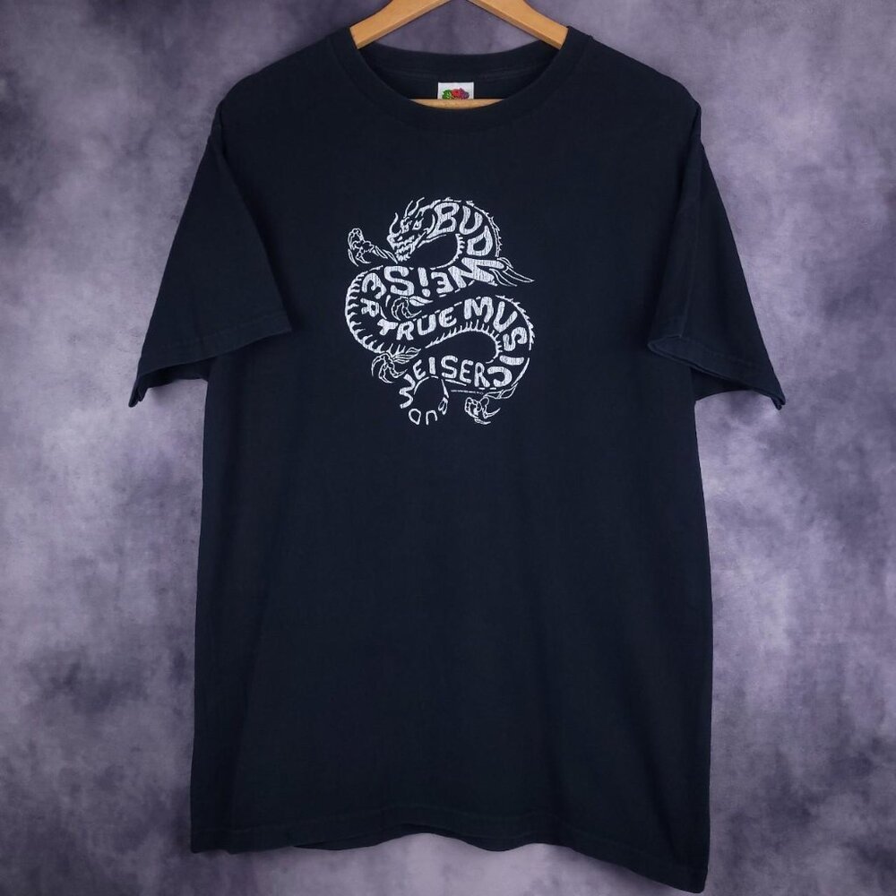 Vintage 00s Y2K Budweiser True Music dragon beer alcohol faded black shirt